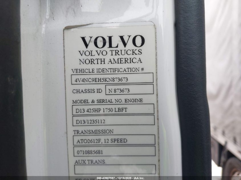 2019 Volvo Vnl VIN: 4V4NC9EH5KN873673 Lot: 43907597
