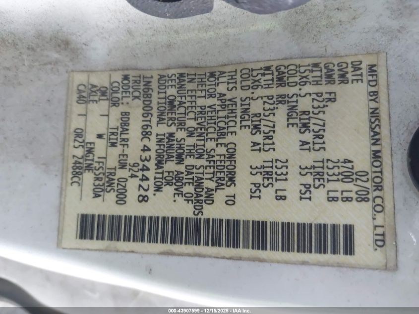 2008 Nissan Frontier Xe VIN: 1N6BD06T68C434428 Lot: 43907599