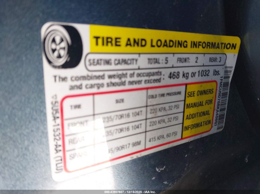 2011 Ford Escape Xlt VIN: 1FMCU9D76BKA40891 Lot: 43907607