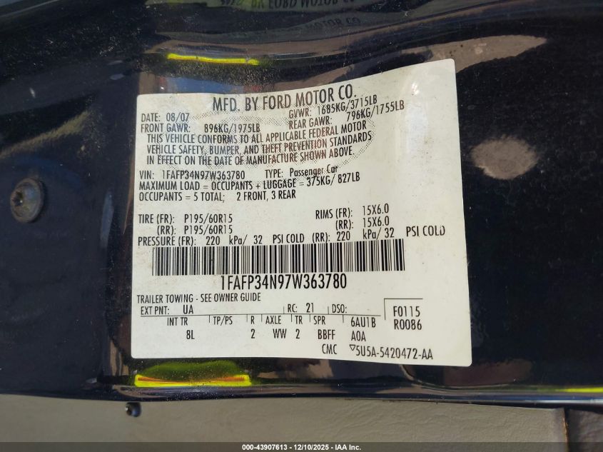 2007 Ford Focus S/Se/Ses VIN: 1FAFP34N97W363780 Lot: 43907613