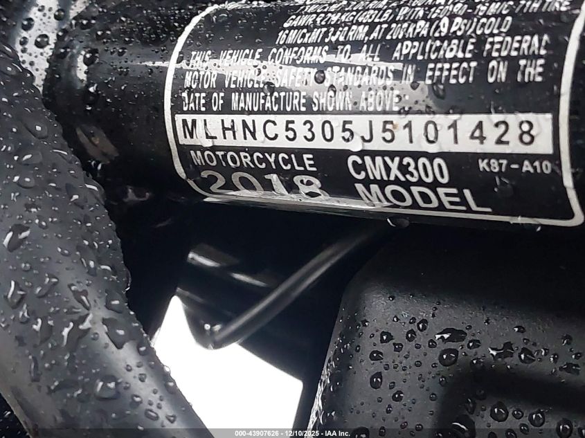 2018 Honda Cmx300 VIN: MLHNC5305J5101428 Lot: 43907626