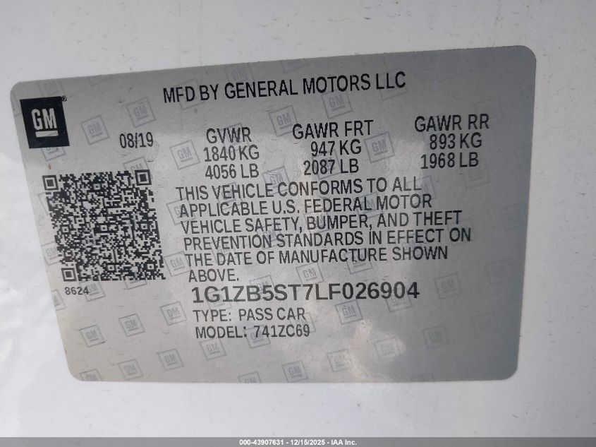 2020 Chevrolet Malibu Fwd Ls VIN: 1G1ZB5ST7LF026904 Lot: 43907631