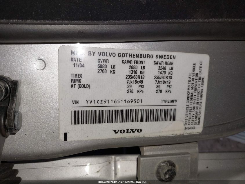 2005 Volvo Xc90 2.5T Awd VIN: YV1CZ911651169501 Lot: 43907642