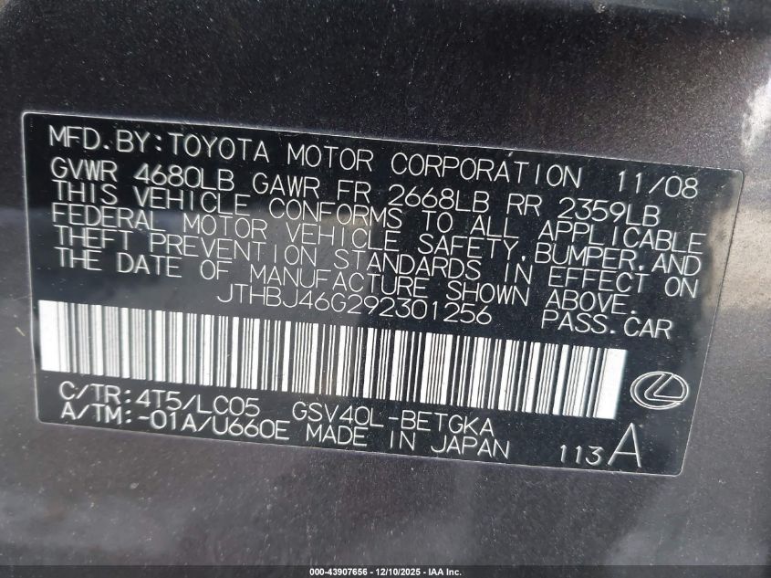 2009 Lexus Es 350 VIN: JTHBJ46G292301256 Lot: 43907656