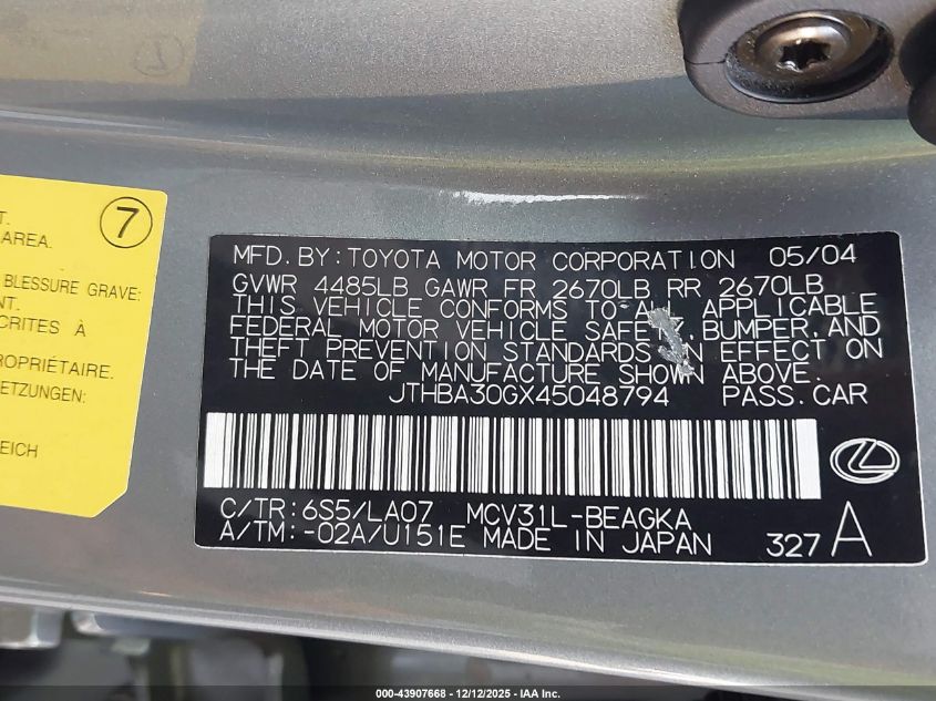 2004 Lexus Es 330 VIN: JTHBA30GX45048794 Lot: 43907668