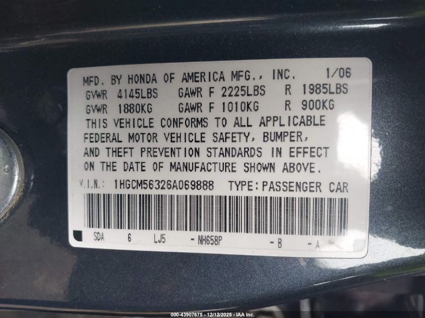 2006 Honda Accord 2.4 Se VIN: 1HGCM56326A069888 Lot: 43907675