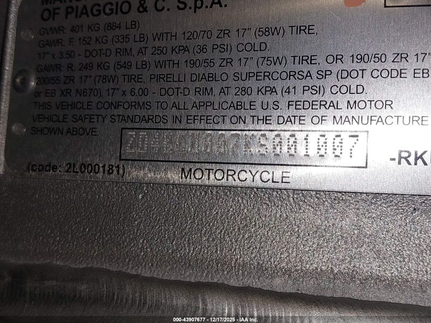 2019 Aprilia Tuono V4 Uncsport VIN: ZD4KGU007KS001007 Lot: 43907677