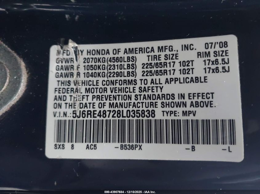 2008 Honda Cr-V Ex-L VIN: 5J6RE48728L035838 Lot: 43907684