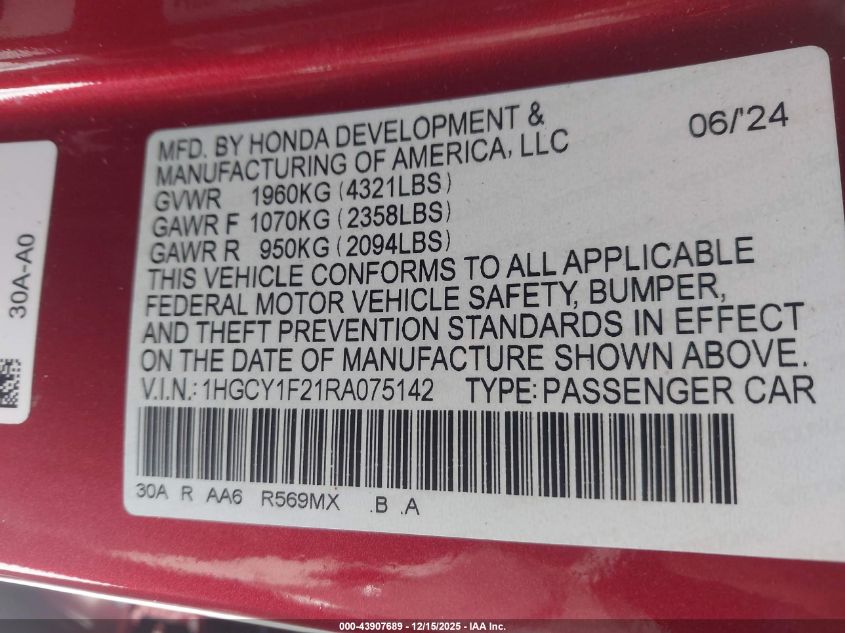 2024 Honda Accord Lx VIN: 1HGCY1F21RA075142 Lot: 43907689