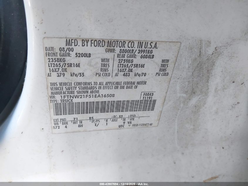 2001 Ford F-250 Lariat/Xl/Xlt VIN: 1FTNW21F51EA16508 Lot: 43907694