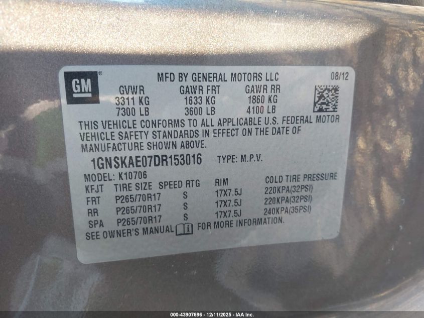 2013 Chevrolet Tahoe Ls VIN: 1GNSKAE07DR153016 Lot: 43907696