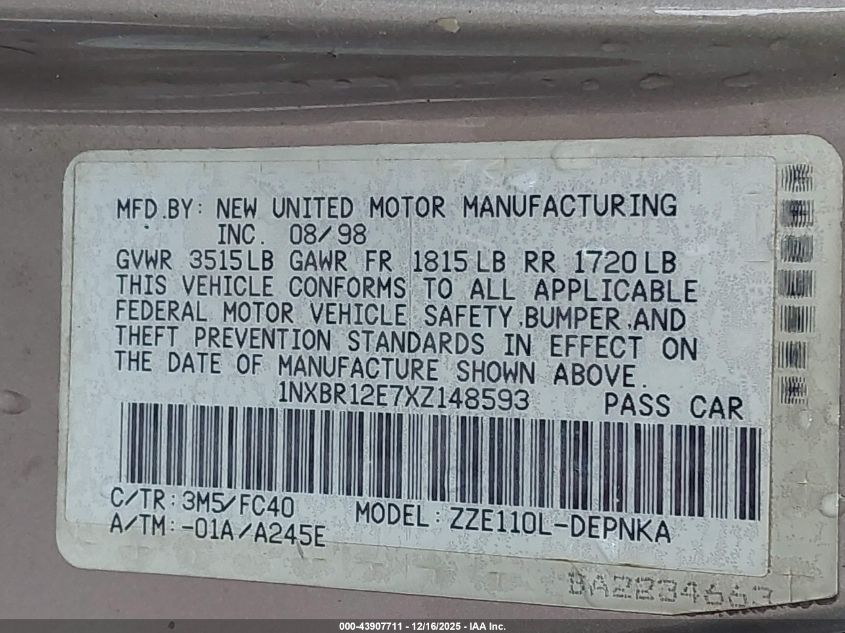 1999 Toyota Corolla Le VIN: 1NXBR12E7XZ148593 Lot: 43907711