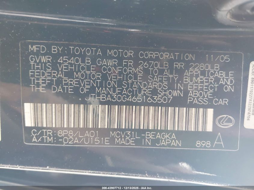 2006 Lexus Es 330 VIN: JTHBA30G465163507 Lot: 43907712