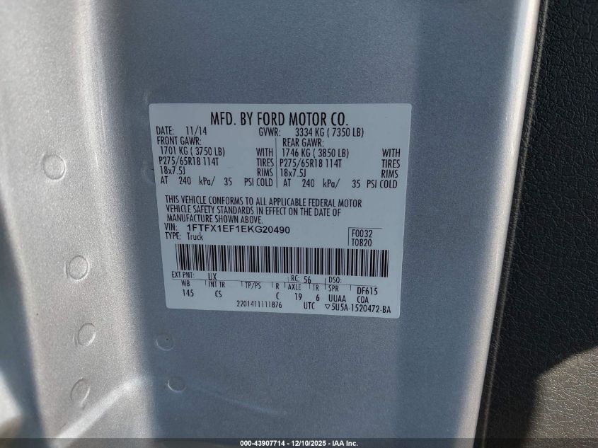 2014 Ford F-150 Stx VIN: 1FTFX1EF1EKG20490 Lot: 43907714