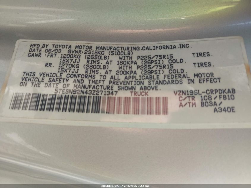 2003 Toyota Tacoma Prerunner V6 VIN: 5TESN92N43Z271347 Lot: 43907727
