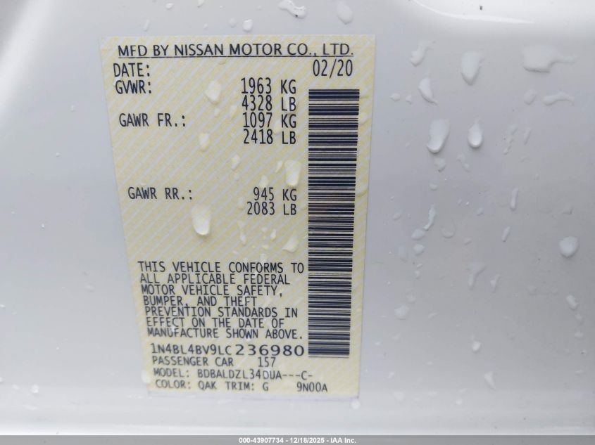 2020 Nissan Altima S Fwd VIN: 1N4BL4BV9LC236980 Lot: 43907734