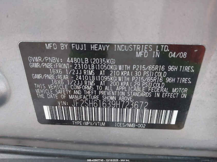2009 Subaru Forester 2.5X VIN: JF2SH61639H723672 Lot: 43907749