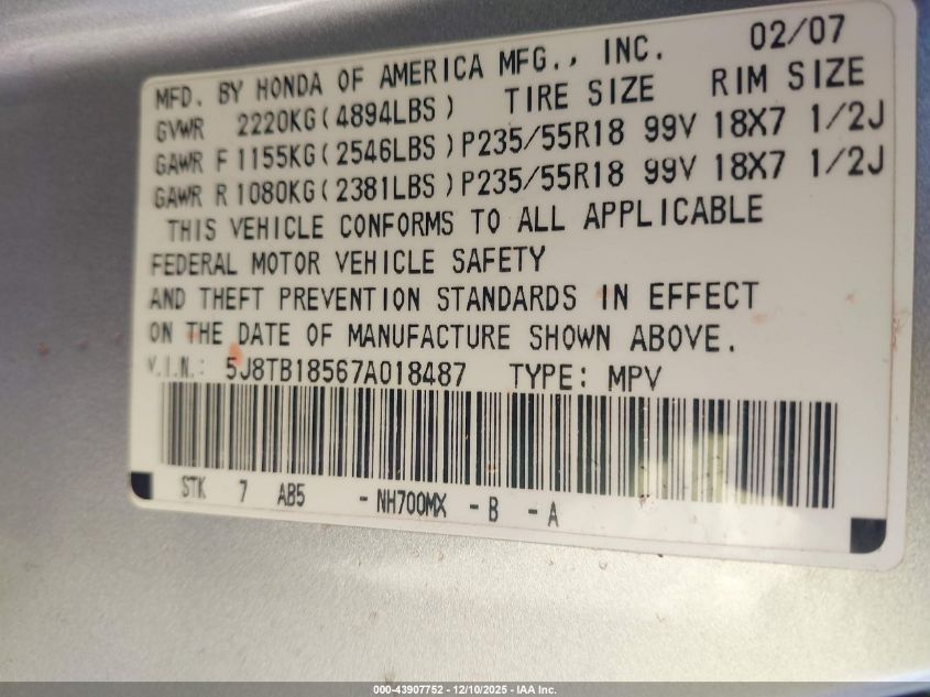 2007 Acura Rdx VIN: 5J8TB18567A018487 Lot: 43907752