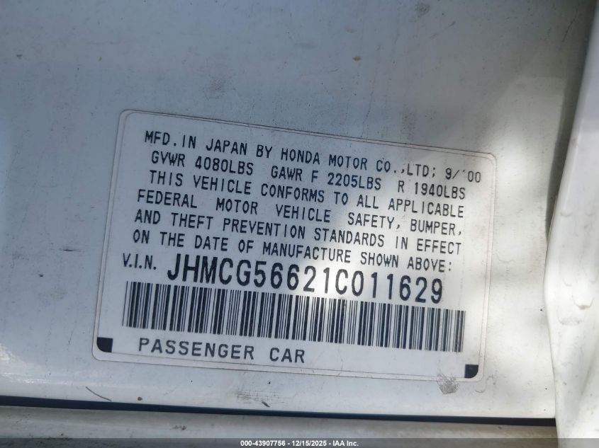 2001 Honda Accord 2.3 Ex VIN: JHMCG56621C011629 Lot: 43907756