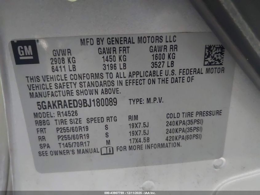 2011 Buick Enclave Cx VIN: 5GAKRAED9BJ180089 Lot: 43907759