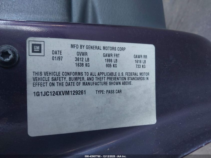 1997 Chevrolet Cavalier Rs VIN: 1G1JC124XVM129261 Lot: 43907760