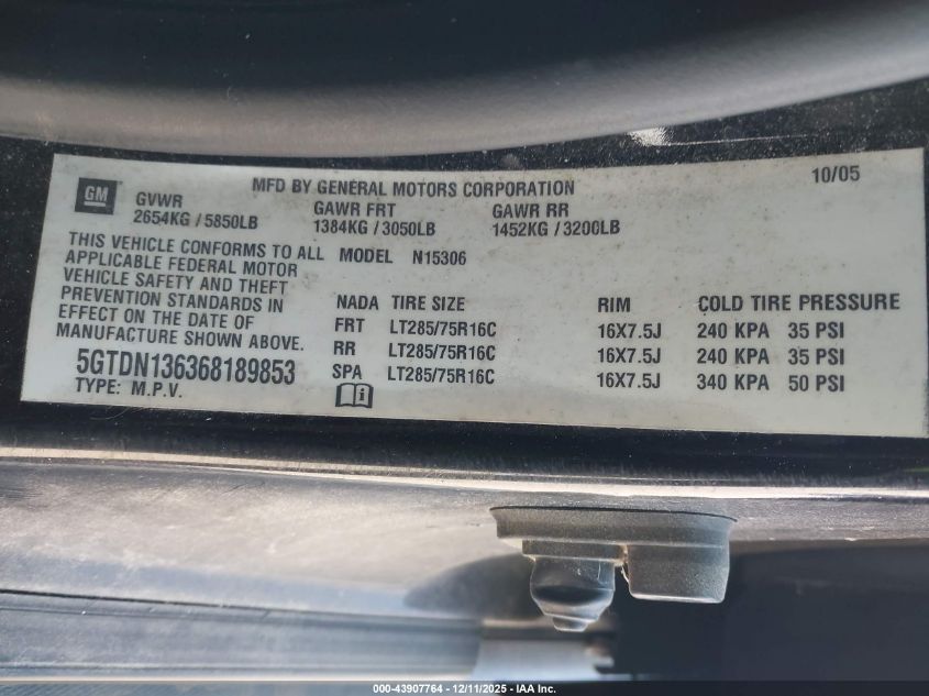 2006 Hummer H3 Suv VIN: 5GTDN136368189853 Lot: 43907764