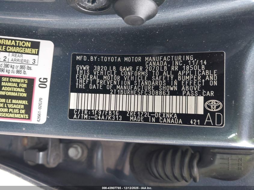 2015 Toyota Corolla Le VIN: 2T1BURHE5FC308863 Lot: 43907785