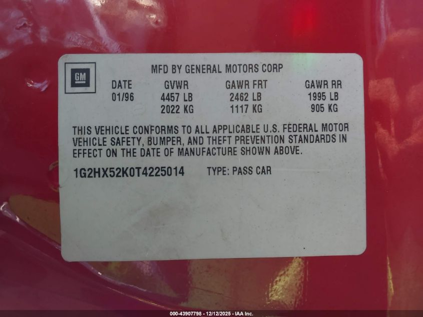 1996 Pontiac Bonneville Se VIN: 1G2HX52K0T4225014 Lot: 43907798