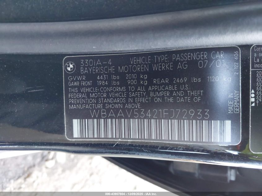 2001 BMW 330I VIN: WBAAV53421FJ72933 Lot: 43907804