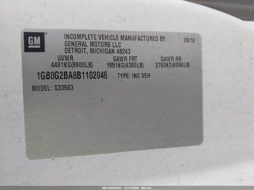 2011 Chevrolet Express Cutaway Work Van VIN: 1GB0G2BA8B1102046 Lot: 43907805