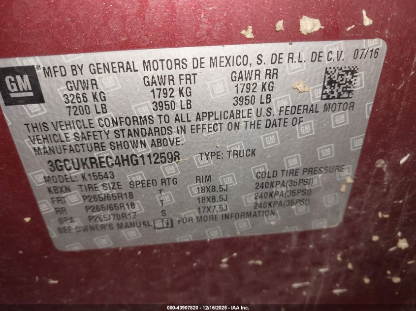 2017 Chevrolet Silverado 1500 1Lt VIN: 3GCUKREC4HG112598 Lot: 43907820