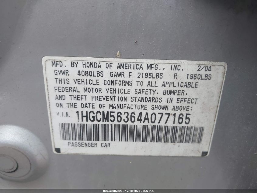 2004 Honda Accord 2.4 Lx VIN: 1HGCM56364A077165 Lot: 43907823