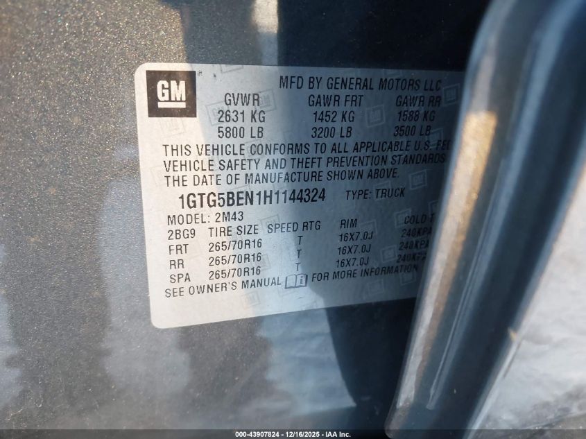 2017 GMC Canyon VIN: 1GTG5BEN1H1144324 Lot: 43907824