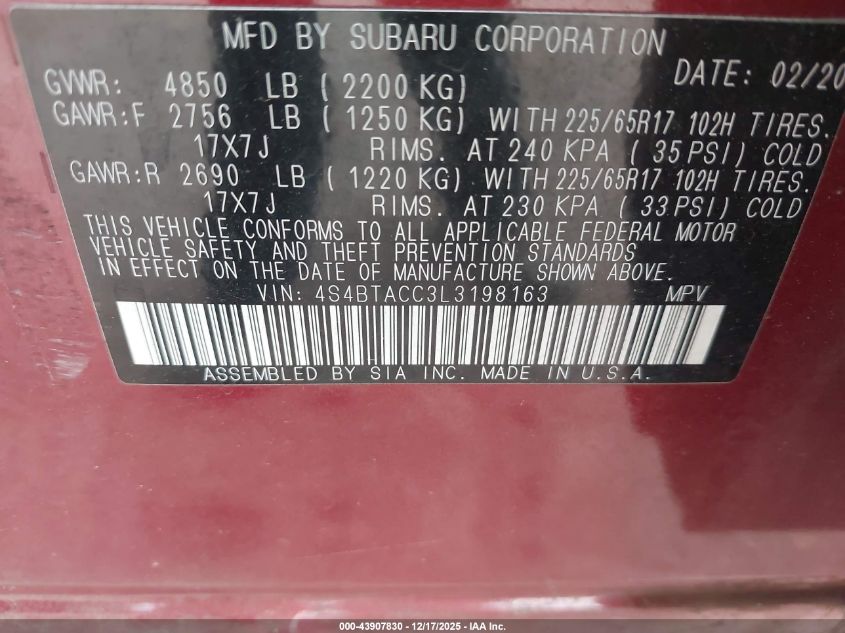 2020 Subaru Outback Premium VIN: 4S4BTACC3L3198163 Lot: 43907830
