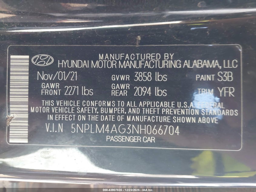VIN 5NPLM4AG3NH066704 2022 HYUNDAI ELANTRA SEL