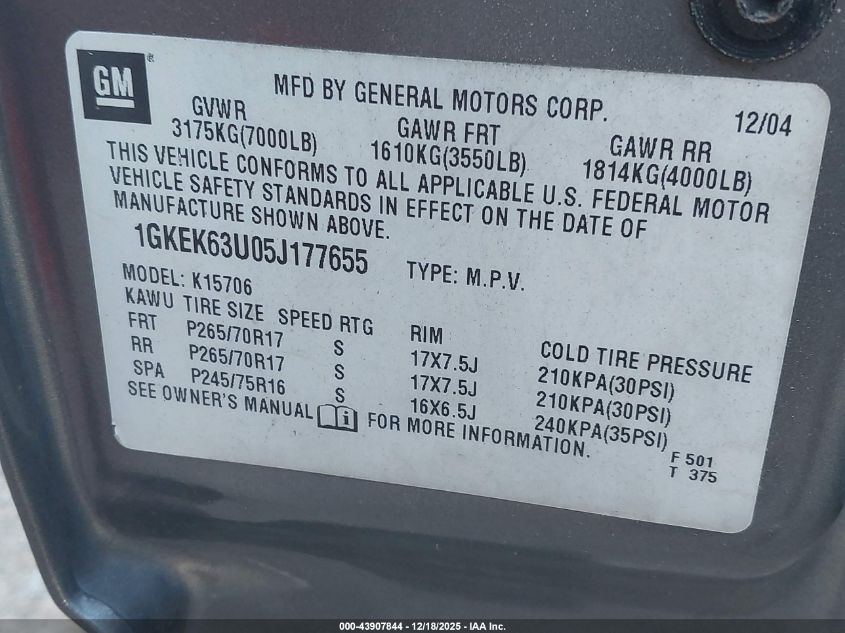 2005 GMC Yukon Denali VIN: 1GKEK63U05J177665 Lot: 43907844