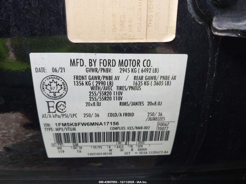 2021 Ford Explorer Limited VIN: 1FM5K8FW6MNA17156 Lot: 43907853