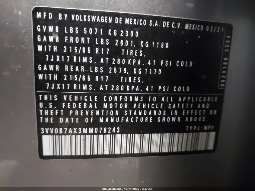2021 Volkswagen Tiguan 2.0T S VIN: 3VV0B7AX3MM078243 Lot: 43907865