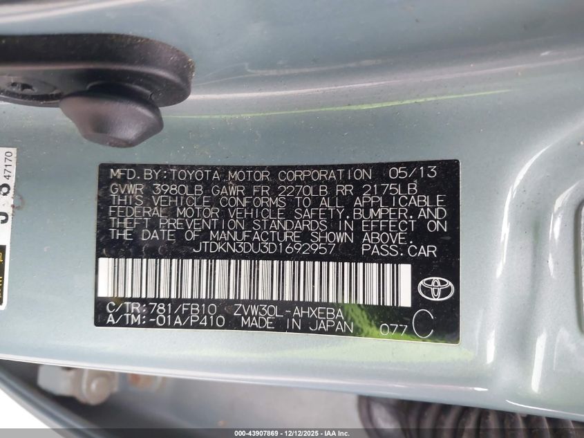 2013 Toyota Prius VIN: JTDKN3DU3D1692957 Lot: 43907869