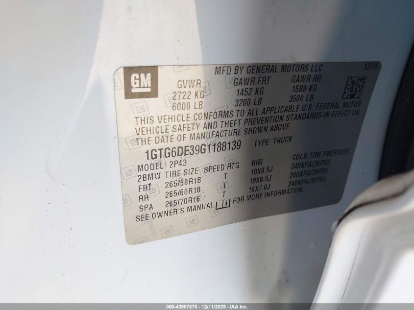 2016 GMC Canyon Slt VIN: 1GTG6DE39G1188139 Lot: 43907870