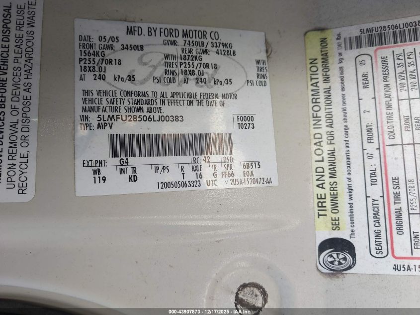 2006 Lincoln Navigator Luxury/Ultimate VIN: 5LMFU28506LJ00383 Lot: 43907873