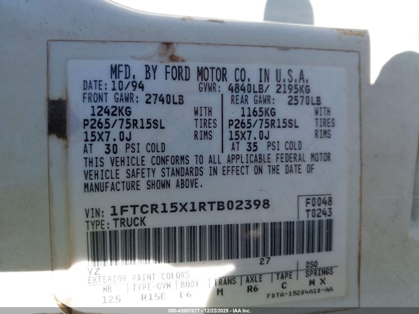 1994 Ford Ranger Super Cab VIN: 1FTCR15X1RTB02398 Lot: 43907877