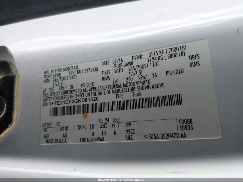 2016 Ford F-150 Xl VIN: 1FTEX1CF2GKD81520 Lot: 43907879