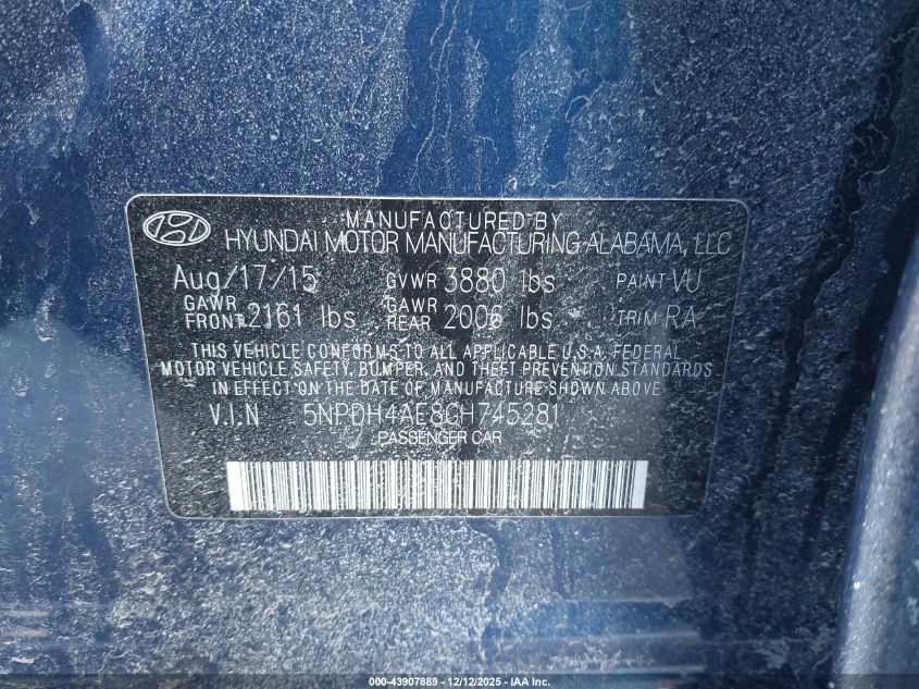 2016 Hyundai Elantra Se VIN: 5NPDH4AE8GH745281 Lot: 43907889