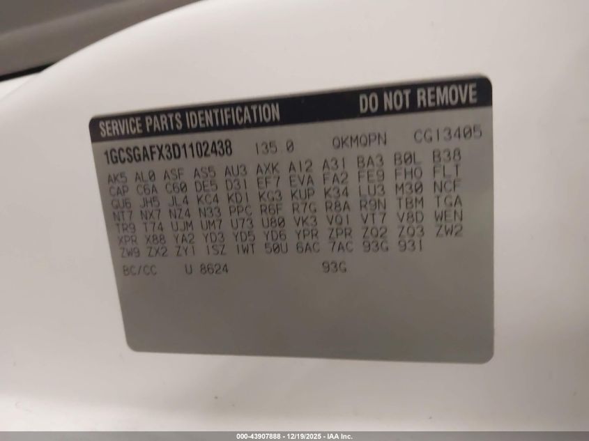 2013 Chevrolet Express 1500 Work Van VIN: 1GCSGAFX3D1102438 Lot: 43907888