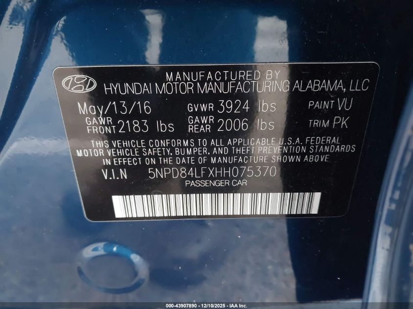 2017 Hyundai Elantra Se VIN: 5NPD84LFXHH075370 Lot: 43907890