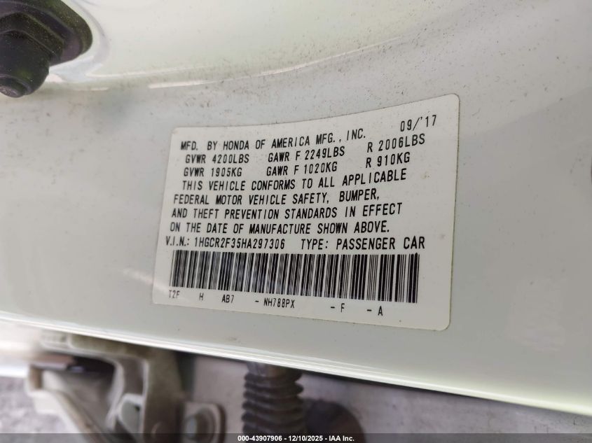 2017 Honda Accord Lx VIN: 1HGCR2F35HA297306 Lot: 43907906