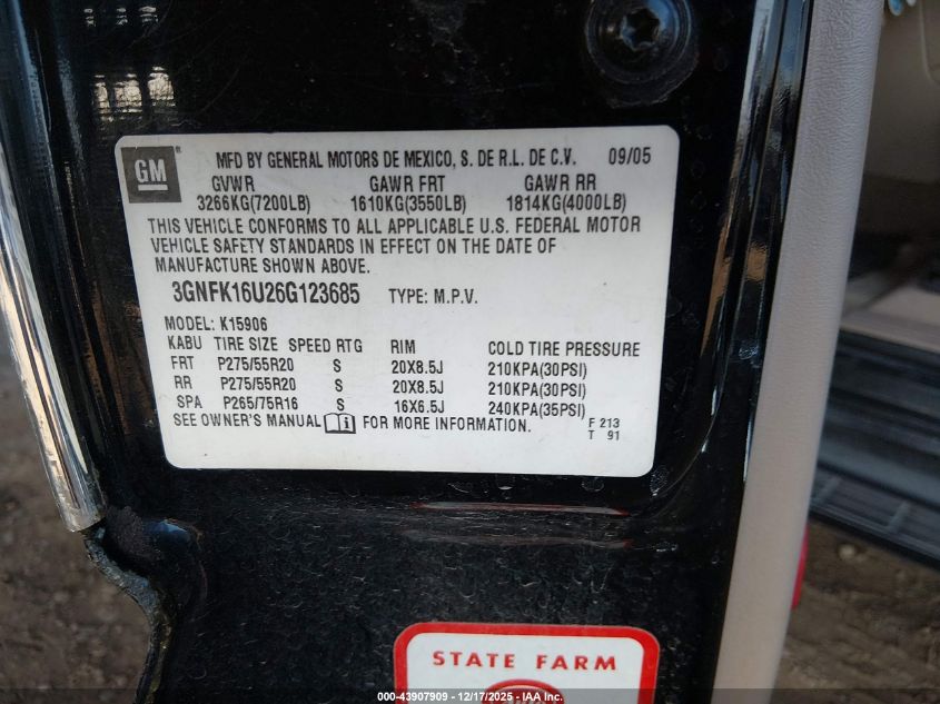 2006 Chevrolet Suburban 1500 Ltz VIN: 3GNFK16U26G123685 Lot: 43907909