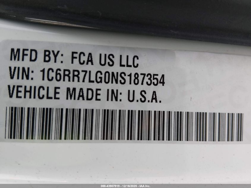 2022 Ram 1500 Classic Warlock 4X4 5'7 Box VIN: 1C6RR7LG0NS187354 Lot: 43907919