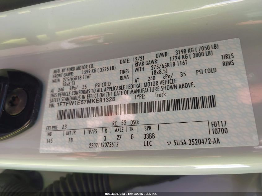 2021 Ford F-150 Xlt VIN: 1FTFW1E57MKE81328 Lot: 43907923